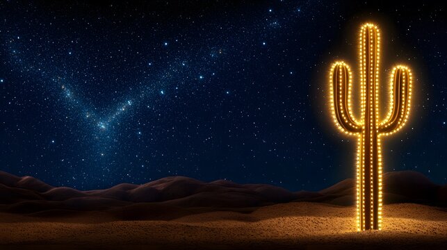 A glowing cactus stands under a starry night sky, illuminating the desert landscape with a warm, inviting light. - Powered by Adobe