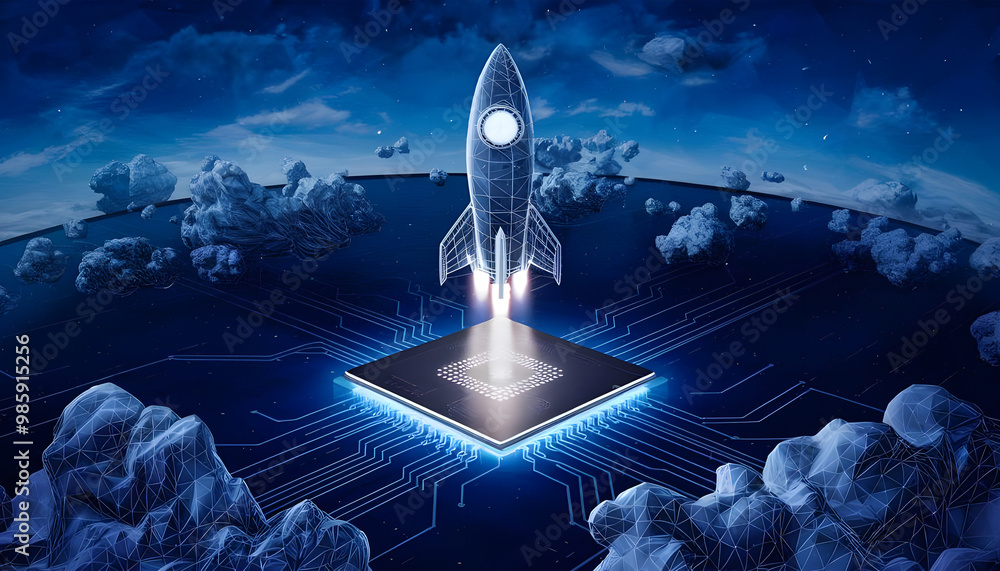 Poster abstract digital rocket, light cpu processor on technology blue background. semiconductor or microch