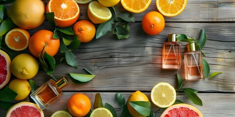 Oranges, Lemons, and Grapefruits with Luxury Perfume Display
