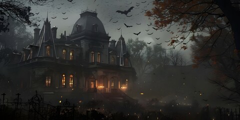 Haunting Old Mansion Surrounded by Mist and Darkness
