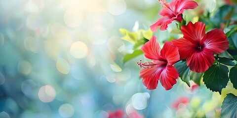 Blooming Red Hibiscus with Soft Green and Blue Background
