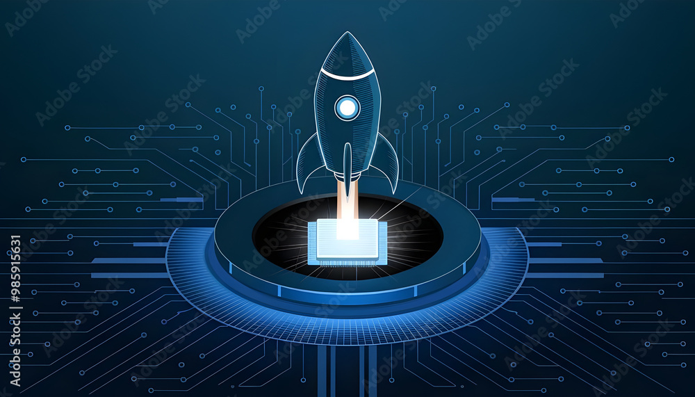 Poster abstract digital rocket, light cpu processor on technology blue background. semiconductor or microch