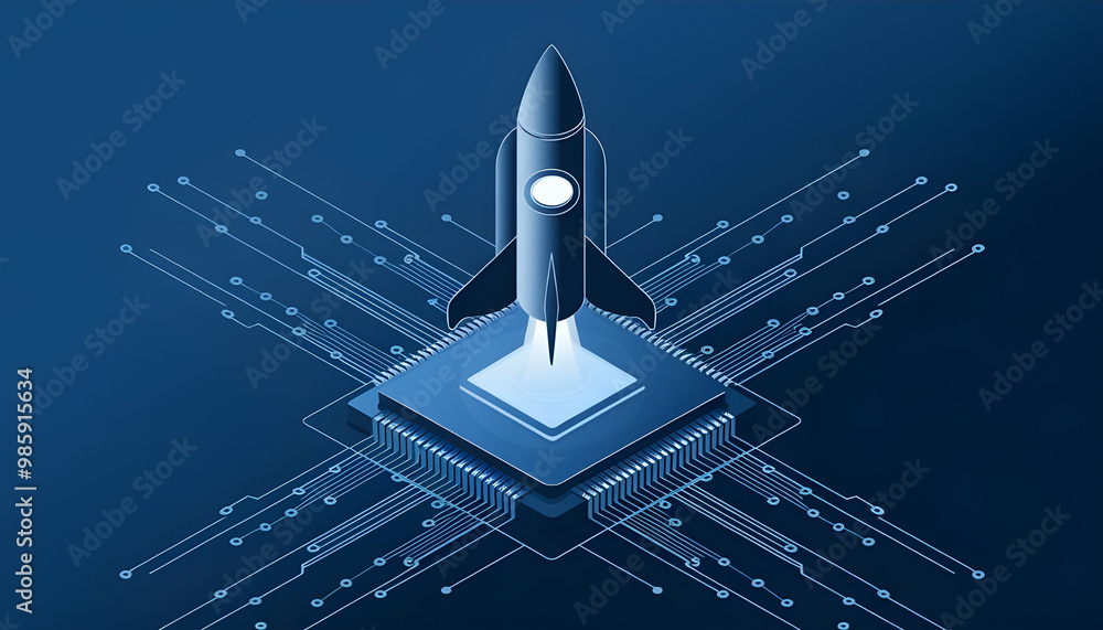 Poster abstract digital rocket, light cpu processor on technology blue background. semiconductor or microch