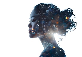 Artificial Intelligence and Human Wonderment, digital technology background with female profile silhouette and glowing icons on white backdrop, double exposure concept of futuristic AI robot or artifi