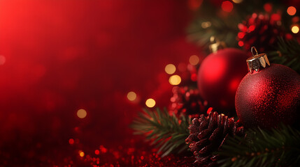Close-Up of Red Christmas Ornaments with Pine Cones on a Red Background. Festive Christmas decorations featuring red ornaments and pine cones, set against a vibrant red background, creating a warm hol