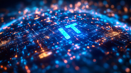 The inscription "IT" hovering over a 3D hologram of the Earth with data flows connecting cities.