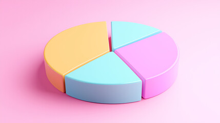 3D Pie Chart with Pastel Colors on a Pink Background. A playful and modern representation of a pie chart in soft pastel colors,