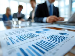 Business strategy planning session with executives analyzing charts, corporate boardroom, high detail, bright lighting