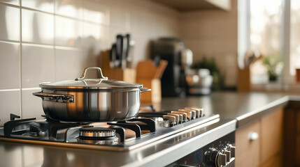 Modern Kitchen with a Stainless Steel Pot on an Induction Stove. A sleek, contemporary kitchen setting featuring a stainless steel pot placed on a smooth induction stove