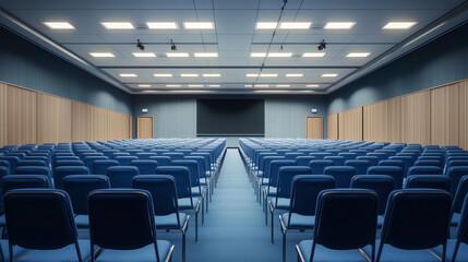 Obraz premium Empty Conference Room with Rows of Blue Chairs and a Large Screen. Professional modern conference room setup featuring rows of blue chairs facing a large screen,
