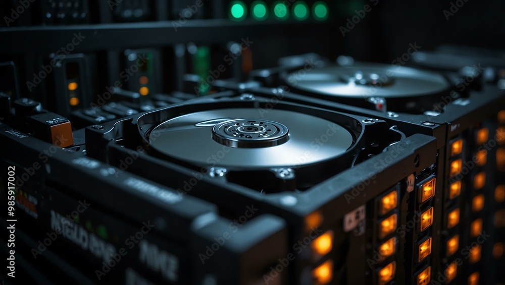 Poster close-up of 4tb hard drives in a server rack with active status lights.