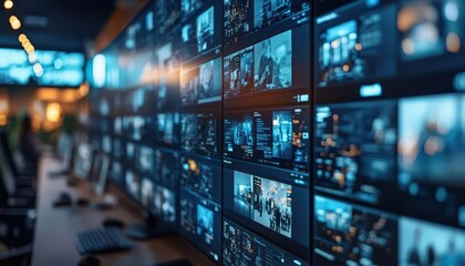 Conference call in a modern office with participants on multiple screens, remote collaboration, tech-savvy style