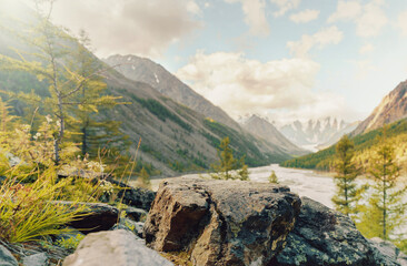 stone podium in the wild mountains