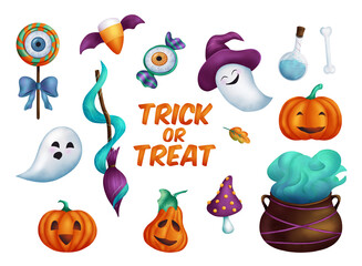 Set of Halloween elements. Cartoon ghosts and pumpkins with Trick or Treat.