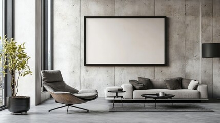 Lounge chair and sofa against wall with big frame Minimalist interior design of modern living room