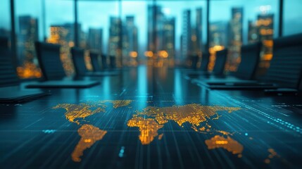 Global business strategy meeting with a world map and international data, corporate boardroom, high detail