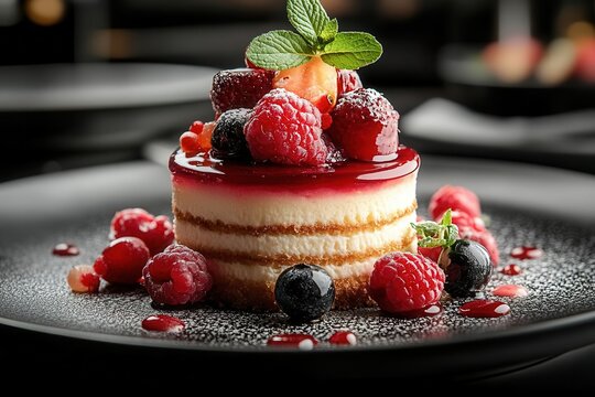 exquisite dessert artfully plated on a sleek modern kitchen counter vibrant colors intricate details and precise geometry showcase culinary mastery in a highend restaurant setting