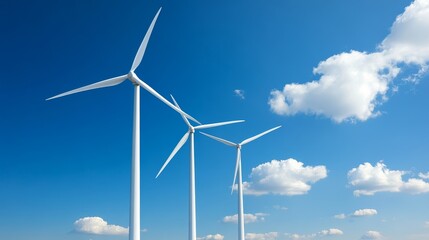 Fototapeta premium Wind turbines stand tall against a bright blue sky with fluffy white clouds, symbolizing clean energy, renewable resources, sustainable technology, environmental responsibility, and a bright future.