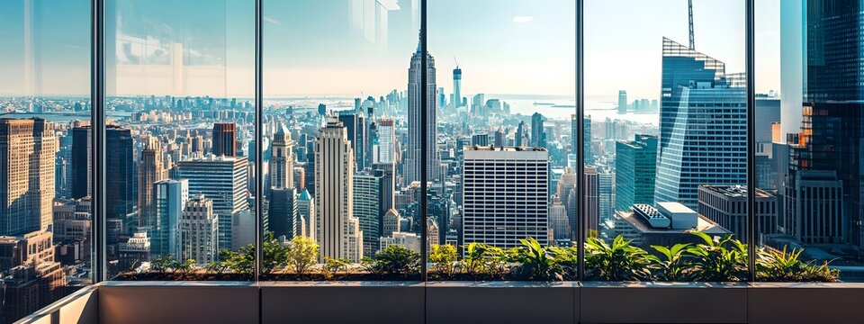 Fototapeta A view of the city from inside an office building, the New York skyline visible through glass windows. Trees can be seen outside, with towering skyscrapers in the distance. 