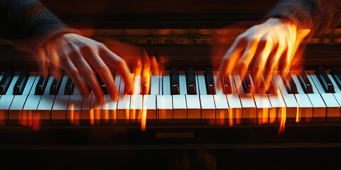 Keys: An expressive shot of hands dancing across a piano keyboard.