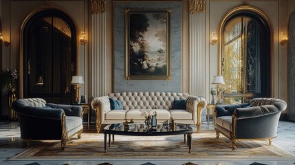 Obraz premium Luxury furniture in classic room with arched doorways Art deco style home interior design of modern living room