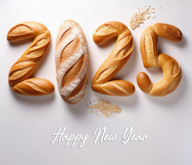 Baguette bread isolated. featuring Baguette bread arranged to form the numbers "2025" on a white background