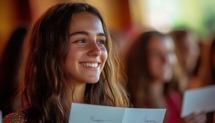Scholarship award ceremony with students receiving certificates, celebratory atmosphere, bright lighting, high detail