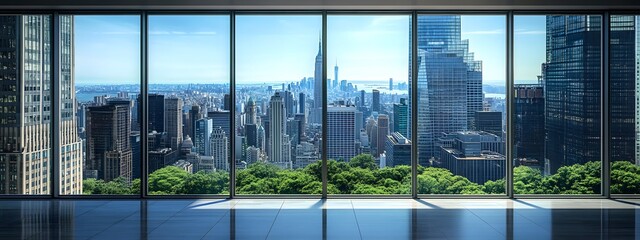 A view of the city from inside an office building, the New York skyline visible through glass windows. Trees can be seen outside, with towering skyscrapers in the distance. 