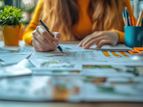 School curriculum planning with teachers reviewing materials, organized setting, sharp focus, bright lighting