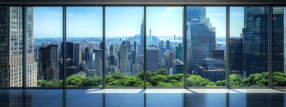 Fototapeta A view of the city from inside an office building, the New York skyline visible through glass windows. Trees can be seen outside, with towering skyscrapers in the distance. 