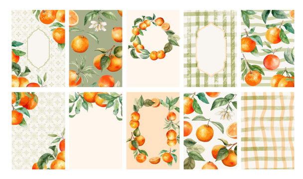 Watercolor illustration set of tangerine, frame, striped wave, wreath, and pattern for background, card, invitation or poster.