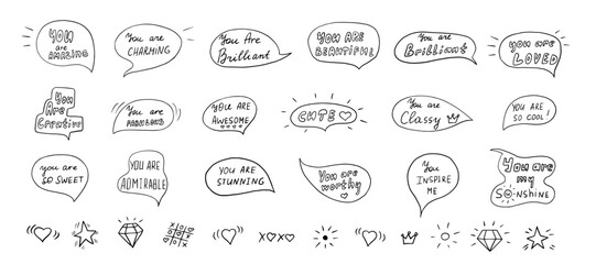 Set of speech bubbles with compliment phrases in doodle style. Self love quotes. Cute, amazing, sweet, fabulous, stunning, beautiful, cool, worthy, inspire,  awesome, classy, brilliant. Hand drawn