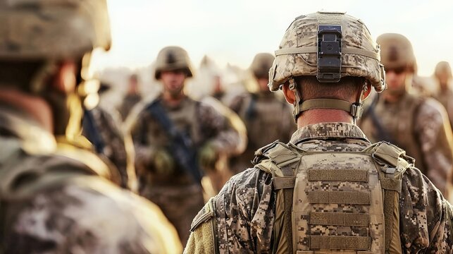A military leader guiding troops to de-escalate a tense situation, capturing conflict and leadership in action