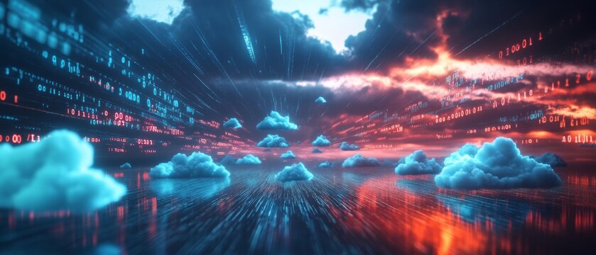 A futuristic visualization of cloud data flow, showcasing streams of binary code flowing through fluffy clouds, symbolizing data movement and connectivity, with a dynamic and engaging background