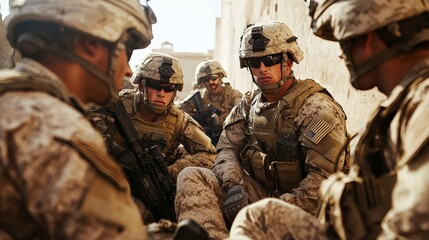 A military leader guiding troops to de-escalate a tense situation, capturing conflict and leadership in action