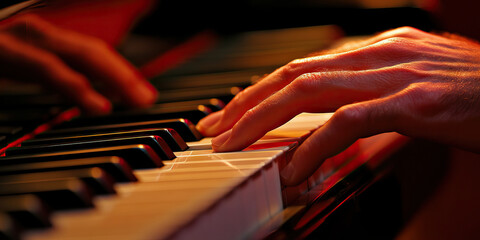 Obraz premium Melodic Fingerprints: A close-up of piano keys and hands in mid-performance.
