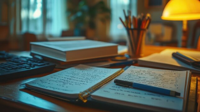 Test preparation with study guides and notes on a desk, focused atmosphere, close-up, sharp focus, high detail