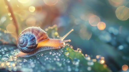 Snail on a Dewy Leaf