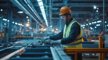 Fototapeta premium A worker focuses on assembling components at a modern assembly line, surrounded by bright lights and dynamic machinery, showcasing technological progress