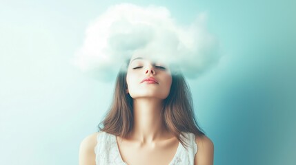 A young woman appears serene with her head tilted slightly back, eyes closed, and a fluffy cloud hovering above her, evoking a sense of daydreaming and peace