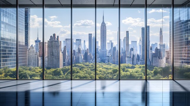 Fototapeta A view of the city from inside an office building, the New York skyline visible through glass windows. Trees can be seen outside, with towering skyscrapers in the distance. 