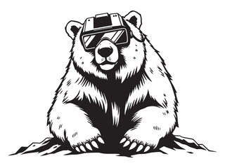 Fototapeta premium Black and white illustration of a grizzly bear in sunglasses on a white background.