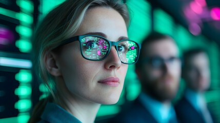 Futuristic Executive Meeting with Global Leadership Discussion on Holographic Displays under Neon Lights