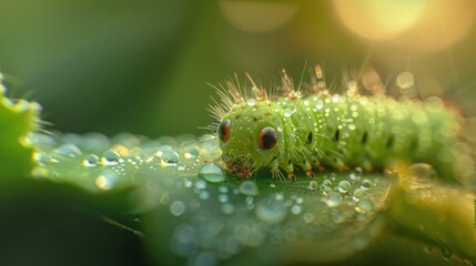 Naklejka premium Dewy Caterpillar on a Leaf