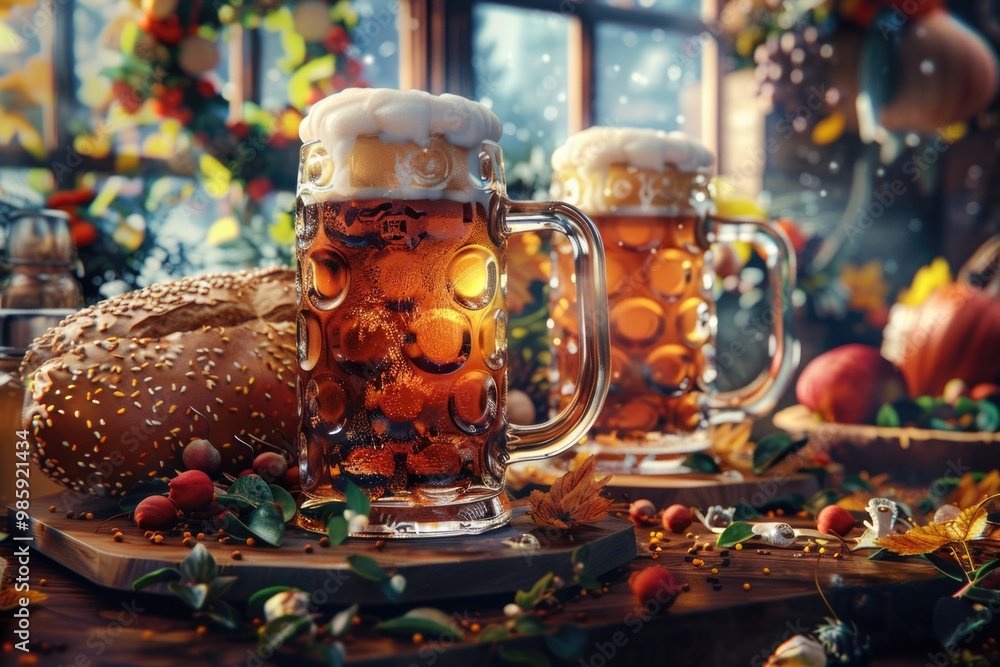 Aufkleber a pair of mugs filled with beer and a loaf of bread sit on a table