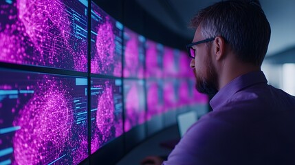 Strategic Analysis of Global Impact in High-Tech Office with 3D Digital Projections in Vibrant Purple and Blue