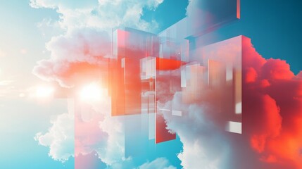 An abstract art piece highlighting cloud technology with floating geometric shapes and gradients, conveying a sense of movement and transformation in the digital realm
