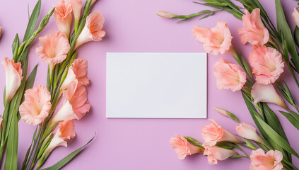 Gladioli and blank paper card