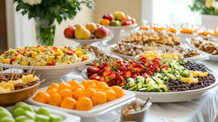 A buffet table at a party, filled with colorful platters of appetizers, fruit, and desserts ready for guests