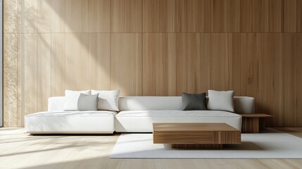 Natural wood coffee table near white corner sofa against wooden paneling wall Minimalist interior design of modern living room
